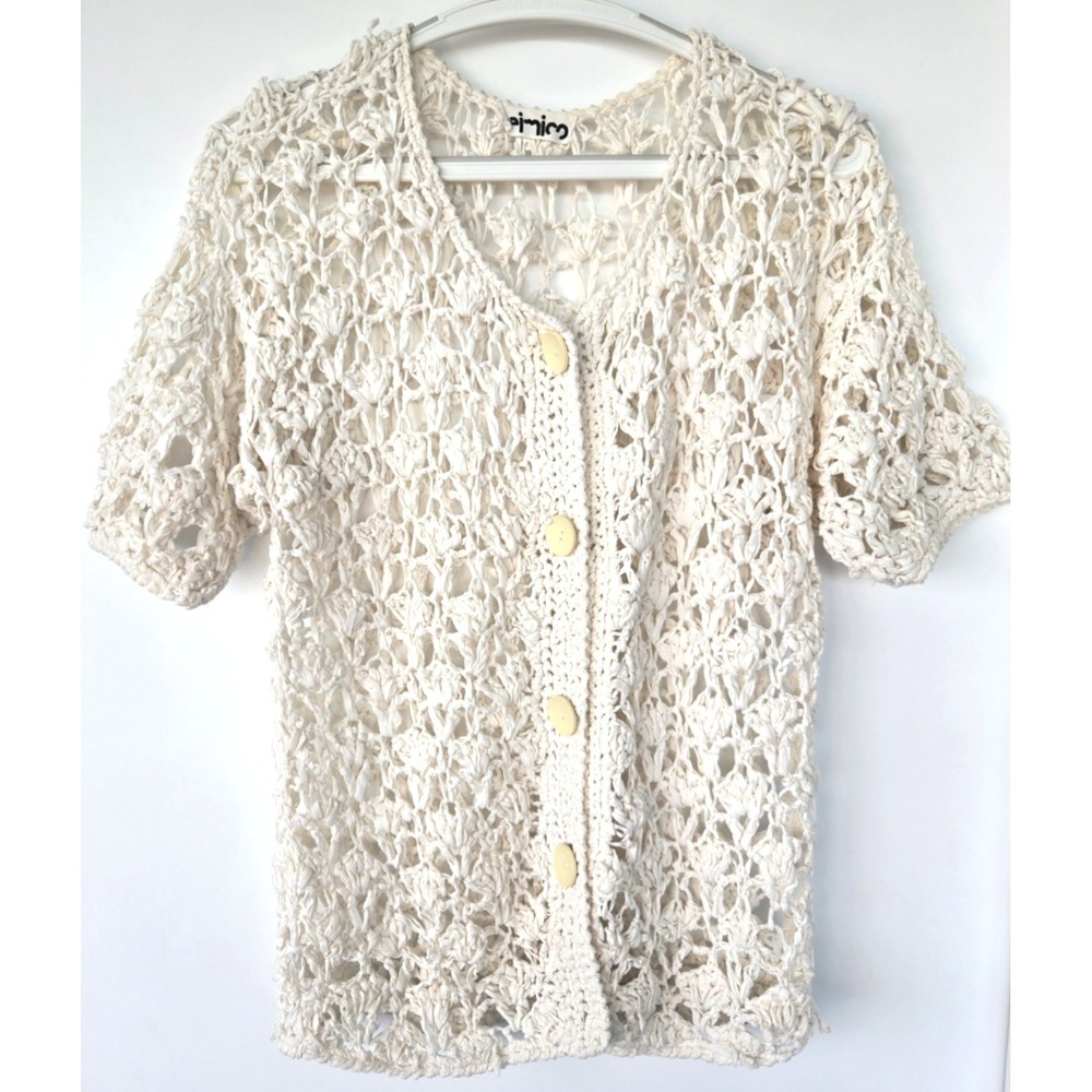 Eimico Crochet Cardigan Button Short Sleeves Sz Free (L) Cream Boho Cottage Core